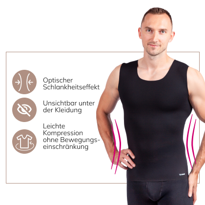 Mann trägt schwarzes LIPOELASTIC Shapewear Unterhemd – figurformendes Herren Unterhemd mit leichter Kompression für Bauch und Taille, unsichtbar unter Kleidung