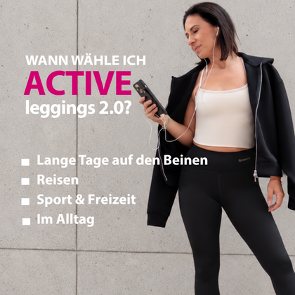 Frau in schwarzen ACTIVE leggings 2.0 mit Smartphone und Kopfhörern. Die Grafik zeigt mögliche Einsatzbereiche: lange Tage auf den Beinen, Reisen, Sport und Freizeit sowie Alltag.
