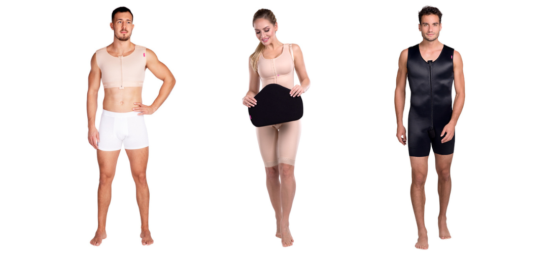 Es sind drei Personen in LIPOELASTIC Kompressionswäsche zu sehen. Ein Mann (links) trägt das Mieder MTmS Comfort in beige. Die Frau in der Mitte hält das KPad in schwarz in der Hand. Ganz rechts präsentiert ein Mann das MGmm Comfort Kompressionsmieder in schwarz.