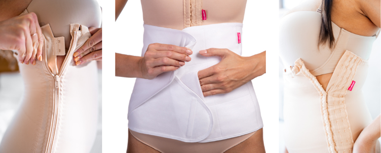 Frau trägt LIPOELASTIC Variant-Mieder und den LIPOELASTIC KP soft Bauchgurt