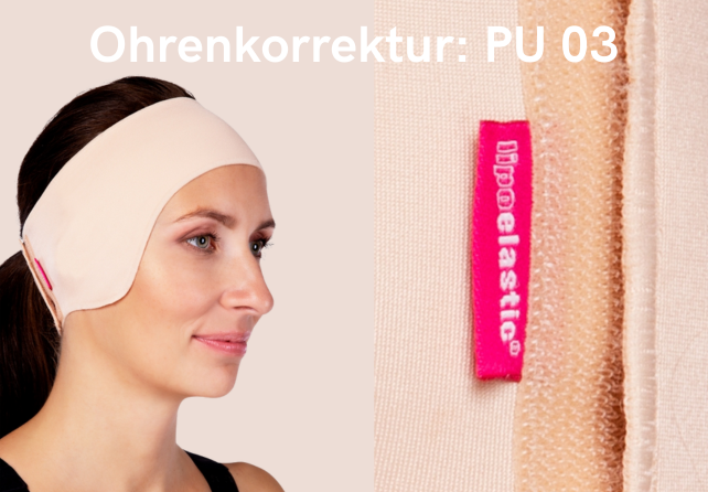 Frau trägt das Kompressionsmieder PU03 für die Ohren.